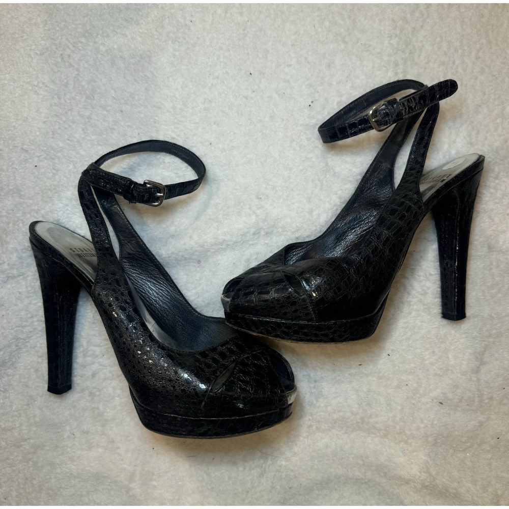 Stuart Weitzman Black Croc Embossed Peep Toe Ankle Strap Platform Heels Size 7.5